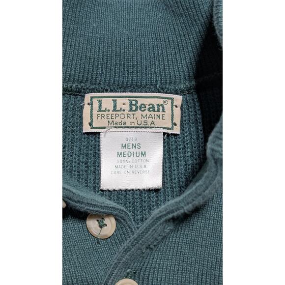 L.L.Bean Mens Medium Henley Sweater Green 100% Cotton USA Made Vintage Knit - Picture 4 of 7